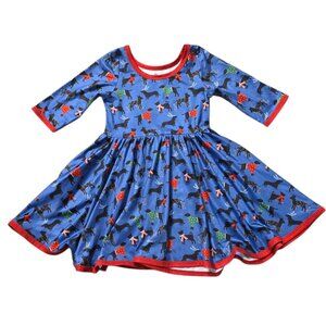 Girls Holiday Dress with Black Dogs Pattern, Blue and Red, 3/4 Sleeve Twirl Dres
